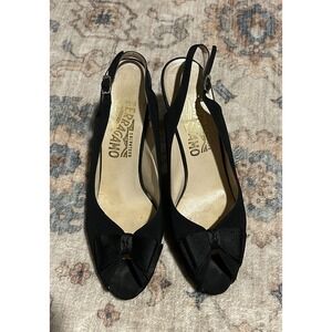 Salvatore Ferragamo Black Peep Toe Satin Bow Heel Slingback Sandals Bow Size 7.5